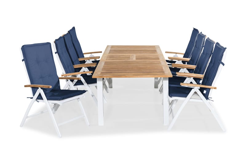 Las Vegas Matgrupp Utomhus 220-280x100+ 8 Las Vegas Lyx Stol m Dyna, Vit/Teak/Blå