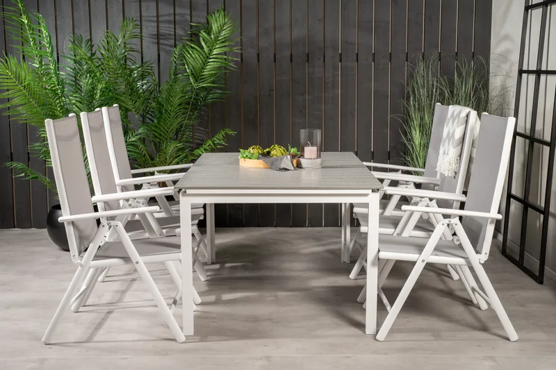 Levels Förlängningsbar Matgrupp Utomhus 160cm + 6 Break Matstolar, Vit/Grå