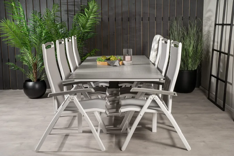 Levels Förlängningsbar Matgrupp Utomhus 160cm + 8 Albany Stolar, Vit/Grå