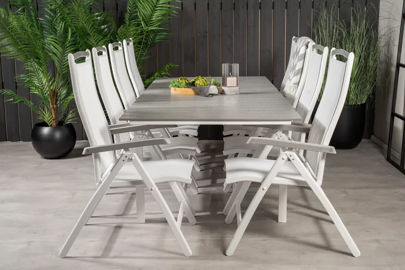 Levels Förlängningsbar Matgrupp Utomhus 160cm + 8 Albany Stolar, Vit/Grå