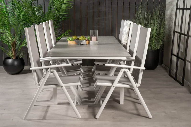Levels Förlängningsbar Matgrupp Utomhus 160cm + 8 Break Matstolar, Vit/Grå