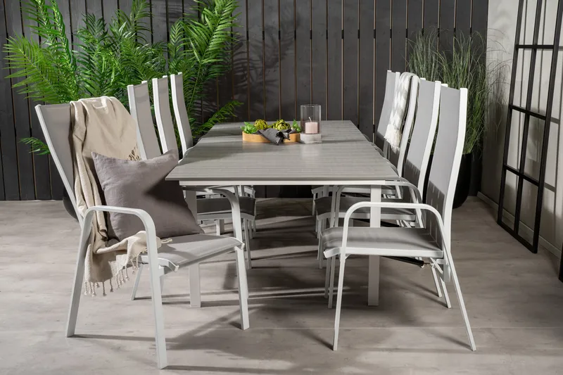 Levels Förlängningsbar Matgrupp Utomhus 160cm + 8 Copacabana Stolar, Vit