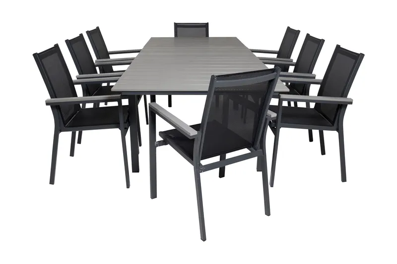 Levels Förlängningsbar Matgrupp Utomhus 160cm + 8 Parma Stolar, Grå/Svart