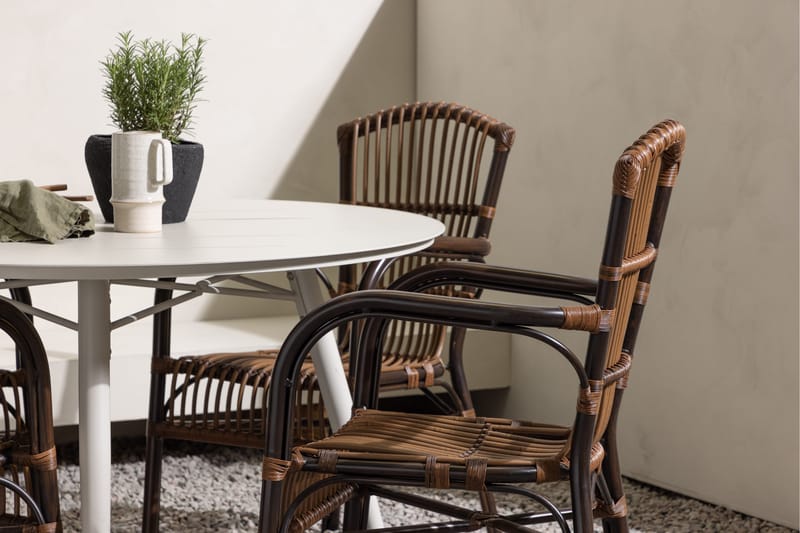 Lina Matgrupp Rund 120 cm + 4 st Galera Karmstolar Brun/Vit - Brun/Vit - Utemöbler & utemiljö - Utegrupp - Matgrupp utomhus