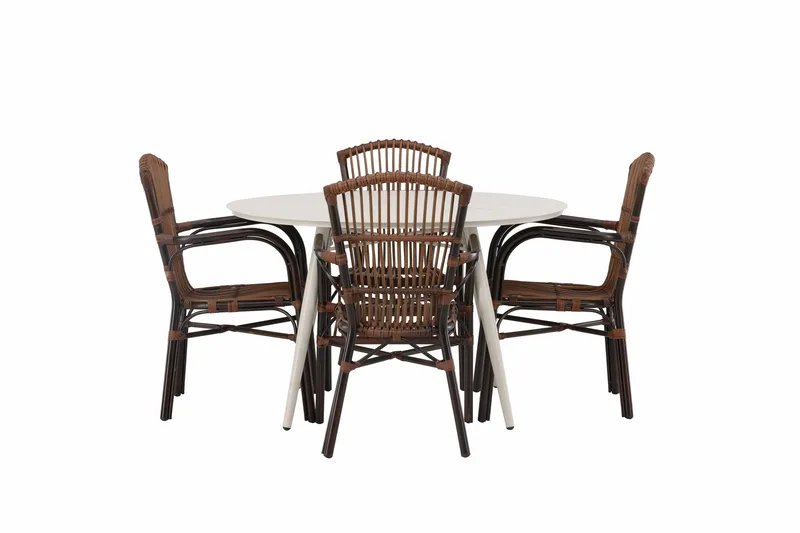Lina Matgrupp Rund 120 cm + 4 st Galera Karmstolar Brun/Vit - Brun/Vit - Utemöbler & utemiljö - Utegrupp - Matgrupp utomhus