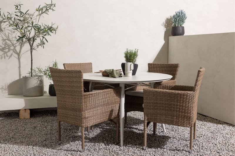 Lina Matgrupp Utomhus Rund 120 cm + 4 st Malina Karmstolar - Brun/Vit - Utemöbler & utemiljö - Utegrupp - Matgrupp utomhus