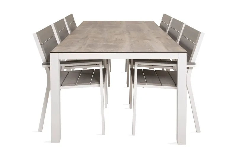 Llama Matgrupp Utomhus 205cm + 6 Levels Stapelbara Matstolar, Vit/Grå