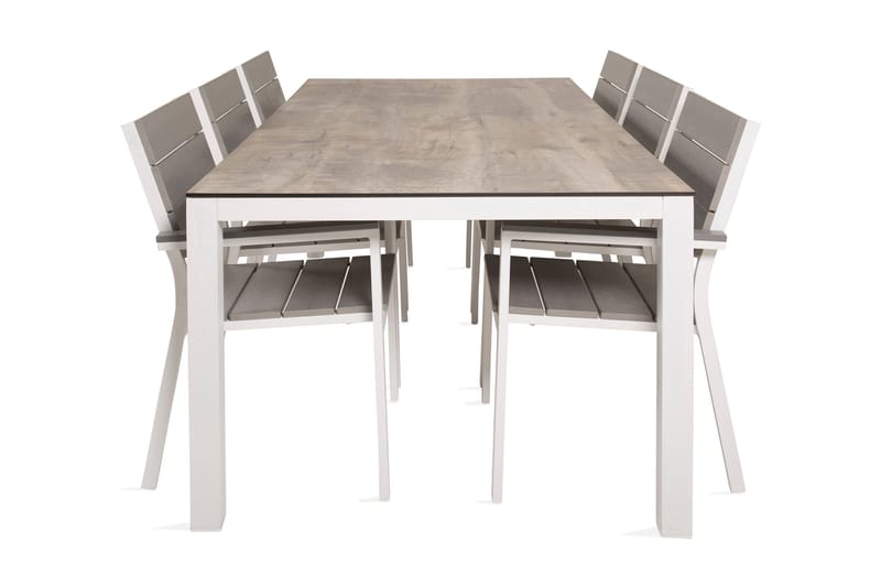 Llama Matgrupp Utomhus 205cm + 6 Levels Stapelbara Matstolar, Vit/Grå