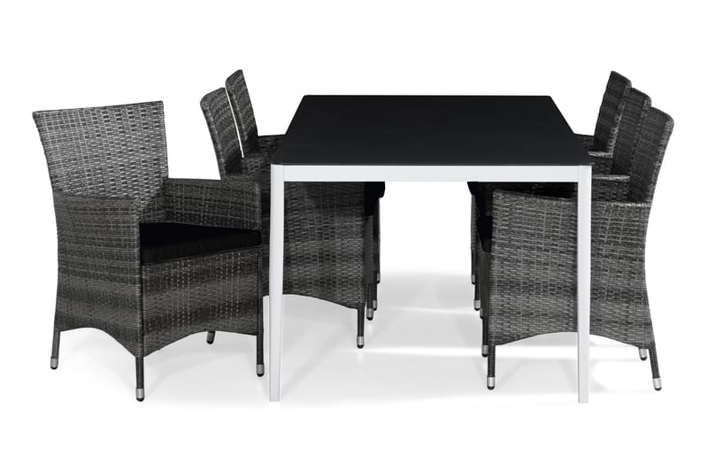 Matgrupp Utomhus Alex 200x100 + 6 Thor Fåtölj m Dyna - Vit|Grå Stenlook|Svart - Utemöbler & utemiljö - Utegrupp - Matgrupp utomhus