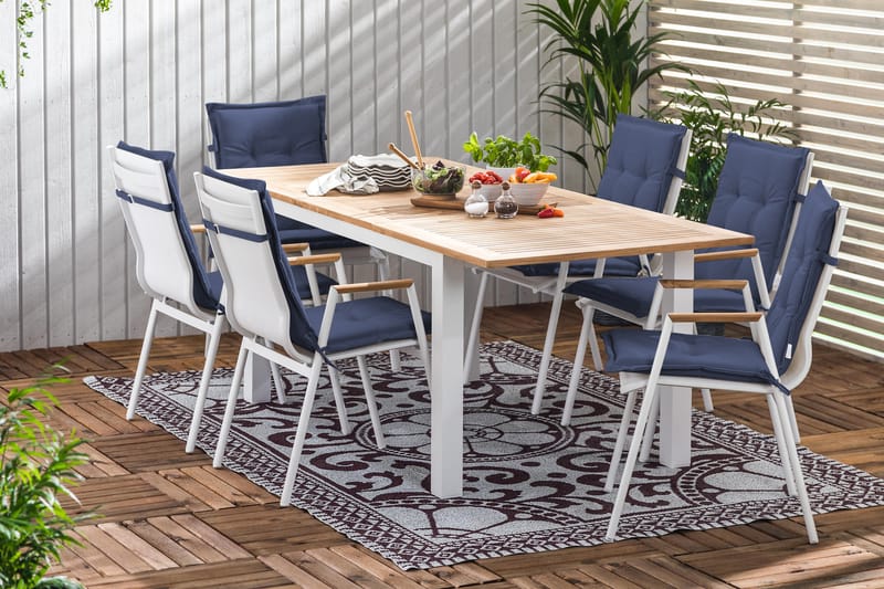 Matgrupp Utomhus Las Vegas 152-210x90 + 6 Karmstolar m Dyna - Vit|Teak|Blå - Utemöbler & utemiljö - Utegrupp - Matgrupp utomhus
