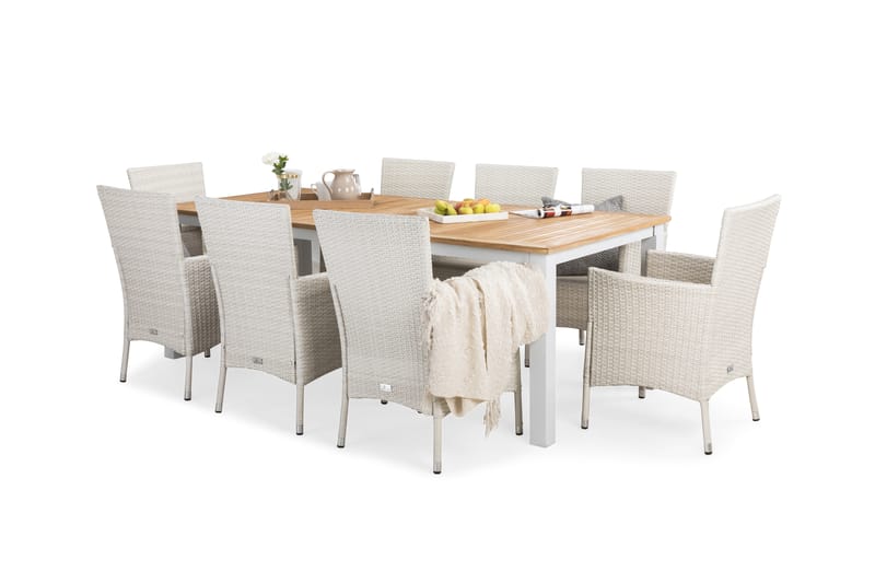 Matgrupp Utomhus Las Vegas 220 cm + 8 Thor Fåtöljer - Vit/Teak/Vit - Utemöbler & utemiljö - Utegrupp - Matgrupp utomhus