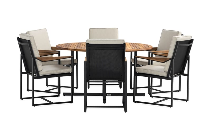 Matgrupp Utomhus Lines Rund 140 cm + 6 Matstol Östermalm - Teak/Svart - Utemöbler & utemiljö - Utegrupp - Matgrupp utomhus
