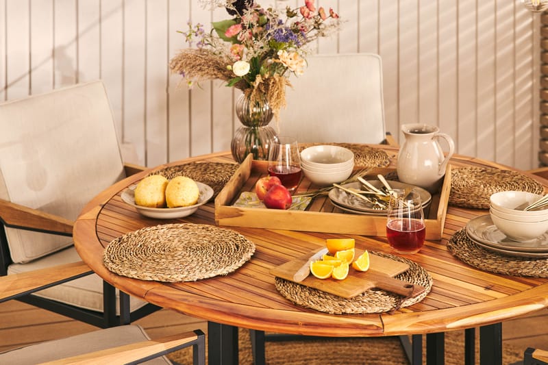 Matgrupp Utomhus Lines Rund 140 cm + 6 Matstol Östermalm - Teak/Svart - Utemöbler & utemiljö - Utegrupp - Matgrupp utomhus