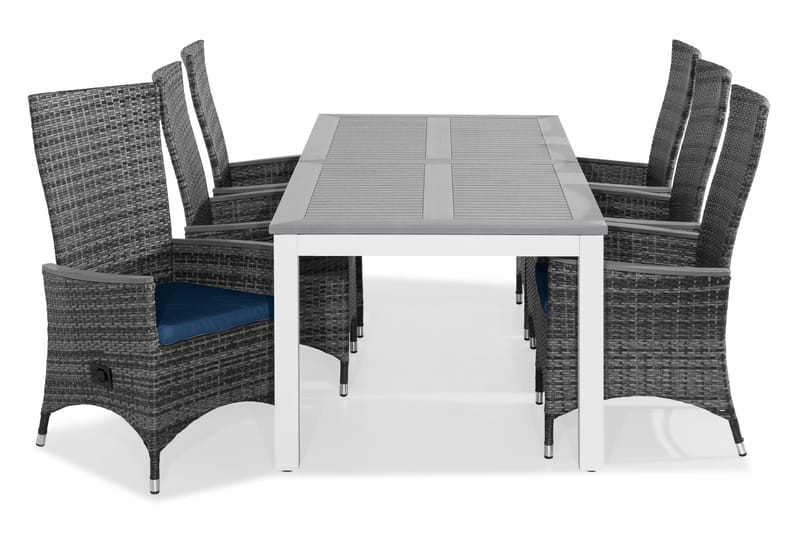 Matgrupp Utomhus Monaco 220-280x100 + 6 Jenny Fåtölj Ställbar m Dyna - Vit|Grå|Blå - Utemöbler & utemiljö - Utegrupp - Matgrupp utomhus