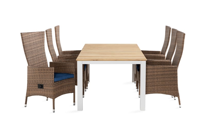 Matgrupp Utomhus Oliver 210x100 + 6 Jenny Fåtölj Ställbar m Dyna - Vit|Teak|Sand|Blå - Utemöbler & utemiljö - Utegrupp - Matgrupp utomhus