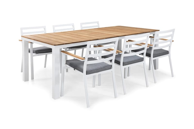 Matgrupp Utomhus Oliver 210x100 cm + 6 Stolar m Dyna - Vit/Teak/Grå - Utemöbler & utemiljö - Utegrupp - Matgrupp utomhus