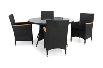 Matgrupp Utomhus Thor Ø140 + 4 Fåtölj Lyx m Armstöd m Dyna - Svart|Svart|Teak|Svart - Utemöbler & utemiljö - Utegrupp - Matgrupp utomhus