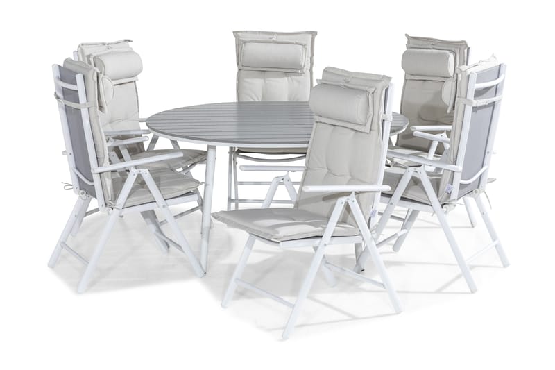 Matgrupp Utomhus Tunis 140 Rund + 6 Maggie Positionsstol m Dyna, Vit|Grå|Offwhite