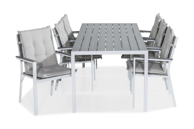 Matgrupp Utomhus Tunis 205x90 + 6 Tunis Stapelstol m Dyna, Vit|Grå|Offwhite