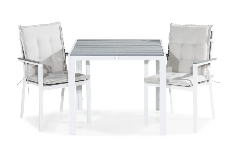 Matgrupp Utomhus Tunis 90x90 + 2 Tunis Stapelstol m Dyna, Vit|Grå|Offwhite