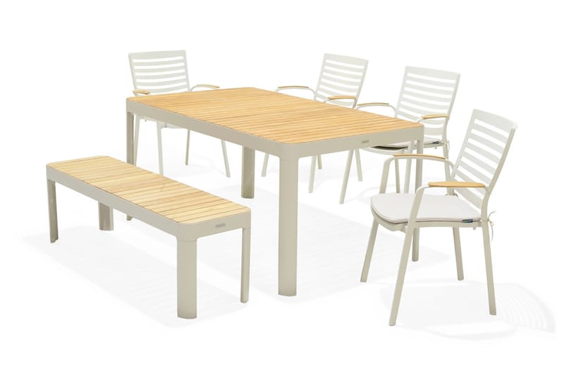 Matgrupp Utomhus Portals 161 cm + 4 Karmstolar + Bänk - Teak/Vit - Utemöbler & utemiljö - Utegrupp - Matgrupp utomhus