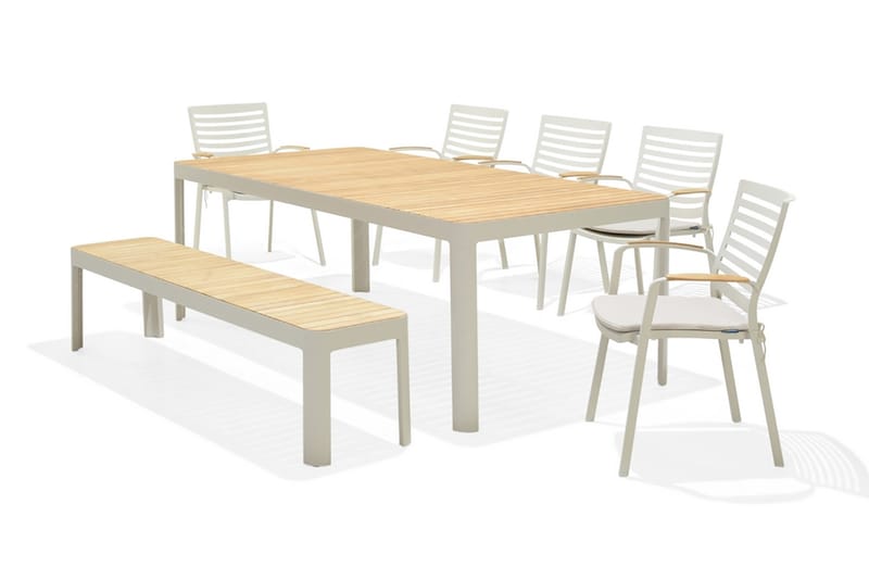 Matgrupp Utomhus Portals 209 cm + 5 Karmstolar + Bänk - Teak/Vit - Utemöbler & utemiljö - Utegrupp - Matgrupp utomhus
