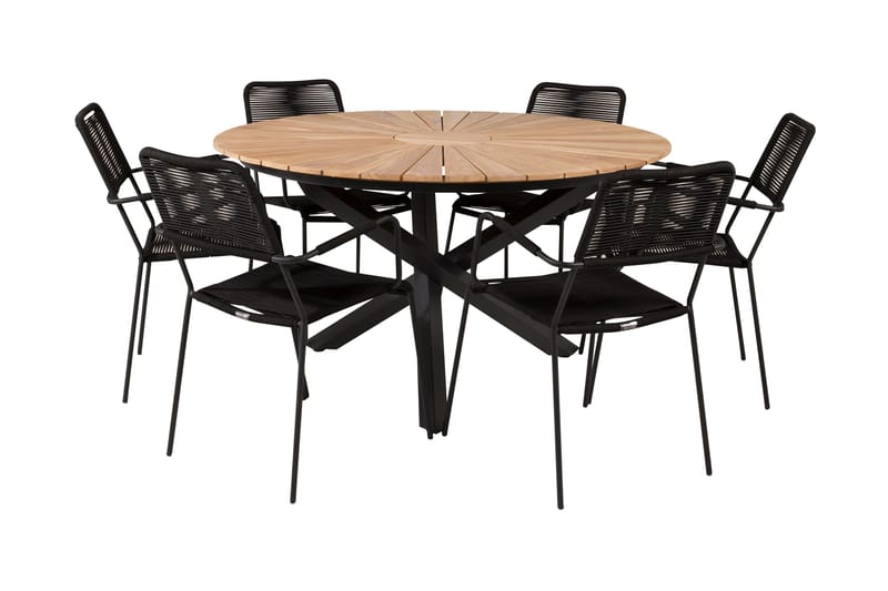 Mexico Matgrupp Utomhus Rund Ø140cm + 6 Lindos Karmstolar, Svart
