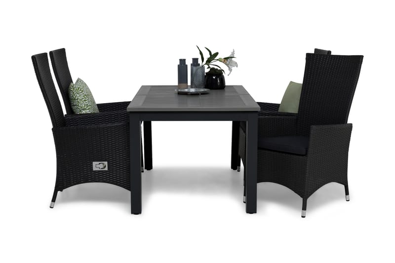 Monaco Matgrupp 152-210 + 4 Jenny Ställbar Fåtölj m Dyna, Svart/Grå