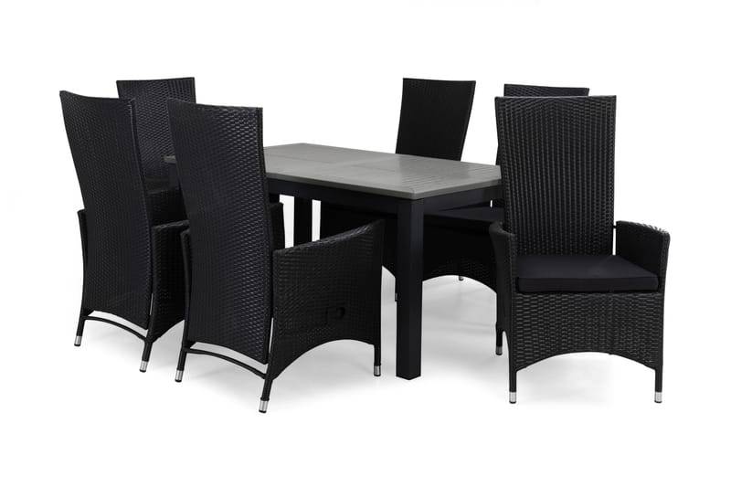 Monaco Matgrupp 152-210 + 6 Jenny Ställbar Fåtölj m Dyna, Svart/Grå