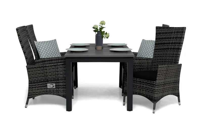 Monaco Matgrupp Utomhus 152-210 + 4 Jenny Ställbar Fåtölj m Dyna, Grå/Svart