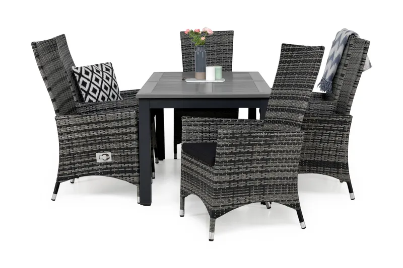 Monaco Matgrupp Utomhus 152-210 + 6 Jenny Ställbar Fåtölj m Dyna - Grå/Svart - Utemöbler & utemiljö - Utegrupp - Matgrupp utomhus