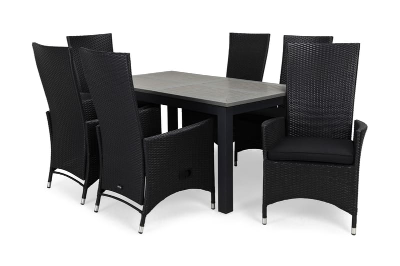 Monaco Matgrupp Utomhus 152-210 + 6 Jenny Ställbar Fåtölj m Dyna, Svart/Svart/Svart