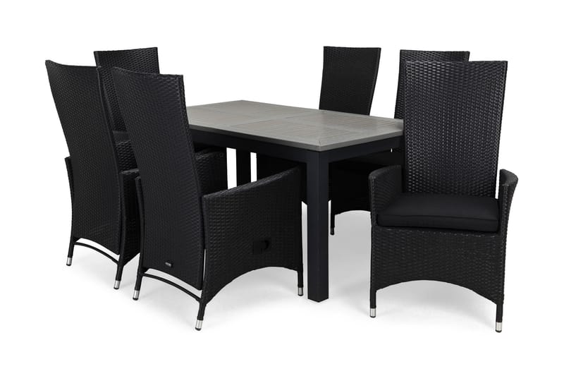 Monaco Matgrupp Utomhus 152-210 + 6 Jenny Ställbar Fåtölj m Dyna, Svart/Svart/Svart