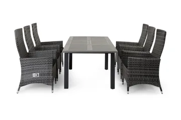 Monaco Matgrupp Utomhus 152-210 + 6 Jenny Ställbar Fåtölj - Svart/Grå - Utemöbler & utemiljö - Utegrupp - Matgrupp utomhus