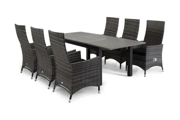 Monaco Matgrupp Utomhus 152-210 + 6 Jenny Ställbar Fåtölj - Svart/Grå - Utemöbler & utemiljö - Utegrupp - Matgrupp utomhus