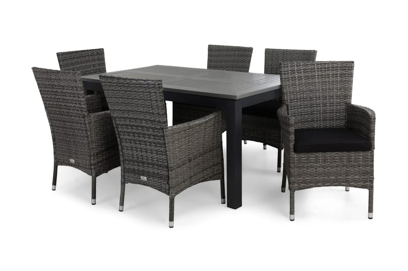Monaco Matgrupp Utomhus 152-210 + 6 Thor Fåtölj m Dyna, Svart/Grå/Svart