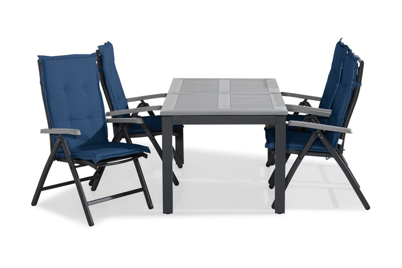 Monaco Matgrupp Utomhus 152-210x90 + 4 Monaco Positionsstol m Dyna, Svart/Grå/Blå