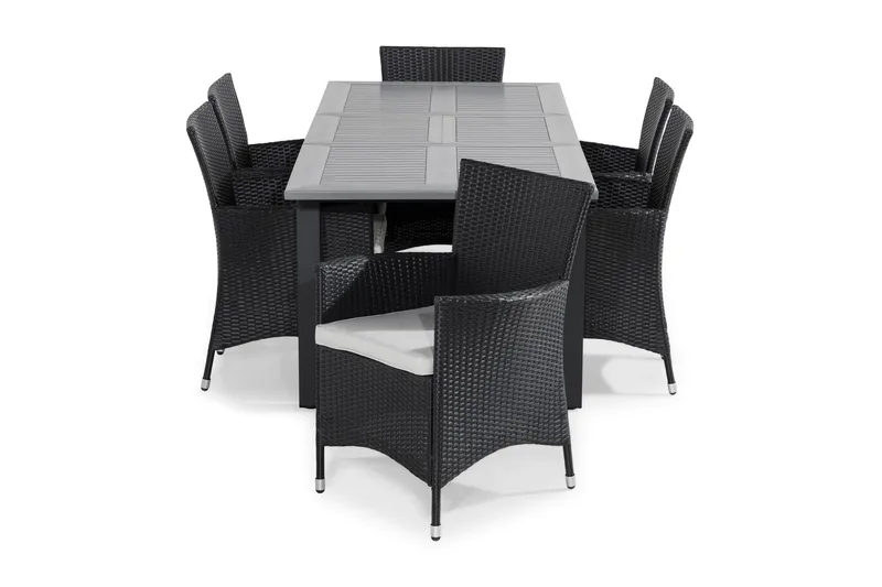 Monaco Matgrupp Utomhus 152-210x90 + 6 Thor Fåtölj m Dyna, Grå/Svart