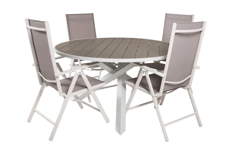 Parma Matgrupp Utomhus Rund Ø140cm + 4 Break Positionsstolar, Vit/Grå