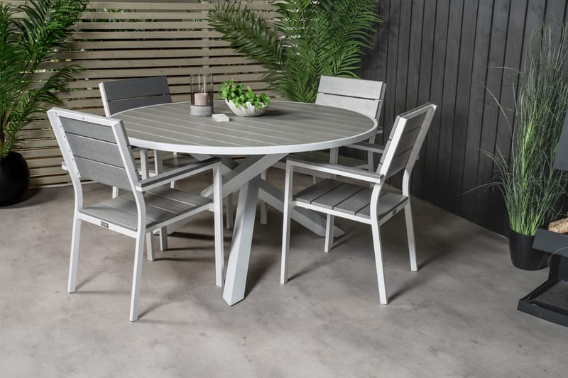 Parma Matgrupp Utomhus Rund Ø140cm + 4 Levels Stapelbara Matstolar - Vit - Utemöbler & utemiljö - Utegrupp - Matgrupp utomhus