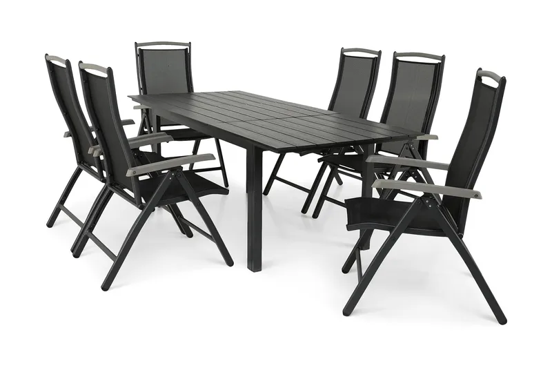 Portland Matgrupp Utomhus 152-210x90 + 6 Monaco Lyx Positionsstol - Svart/Grå - Utemöbler & utemiljö - Utegrupp - Matgrupp utomhus