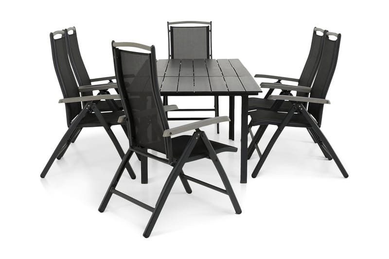 Portland Matgrupp Utomhus 152-210x90 + 6 Monaco Lyx Positionsstol, Svart/Grå