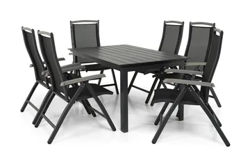 Portland Matgrupp Utomhus 152-210x90 + 6 Monaco Lyx Positionsstol - Svart/Grå - Utemöbler & utemiljö - Utegrupp - Matgrupp utomhus