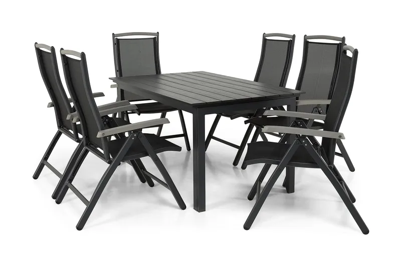 Portland Matgrupp Utomhus 152-210x90 + 6 Monaco Lyx Positionsstol - Svart/Grå - Utemöbler & utemiljö - Utegrupp - Matgrupp utomhus