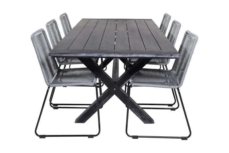 Rives Matgrupp Utomhus 200cm + 6 Lindos Matstolar, Svart/Grå
