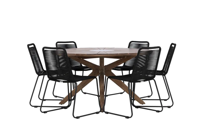 Rosario Matgrupp Rund 140 cm + 6 st Linero Matstolar Svart/Brun