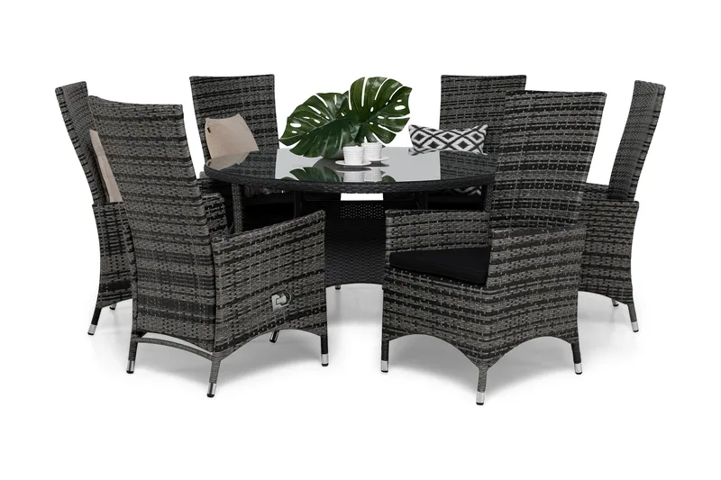 Round Matgrupp Ø140 + 6 Jenny Ställbar Fåtölj m Dyna, Grå/Svart