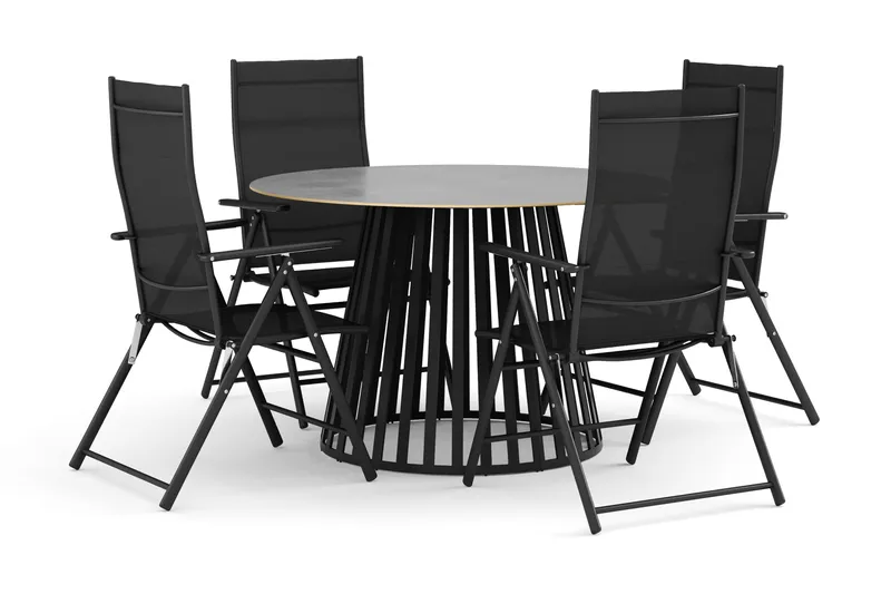 Sensi utomhus matgrupp 120 cm med 4 positionsstolar, Svart
