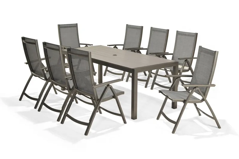Solana Matgrupp Utomhus 201 cm + 8 Positionsstolar, Grå