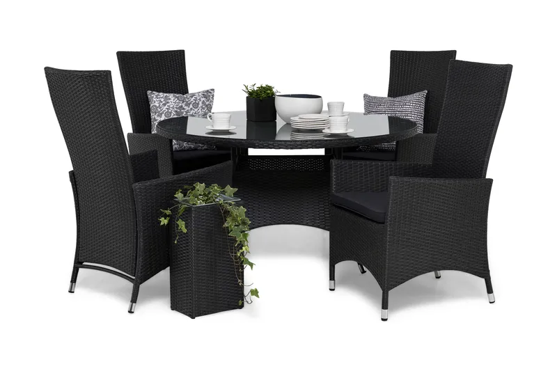 Thor Matgrupp Ø140 + 4 Jenny Ställbar Fåtölj m Dyna, Svart/Grå